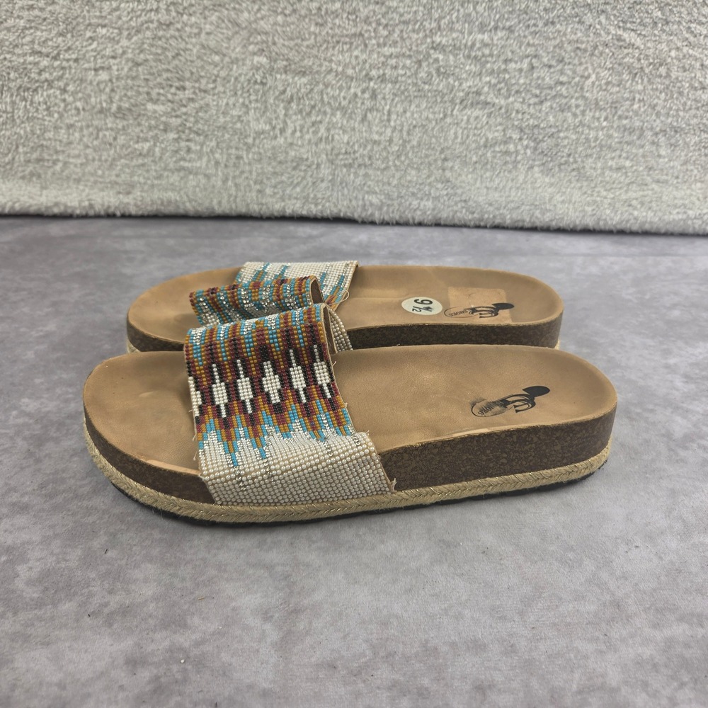CG Shoes Womens Beaded Slide Sandals Southwestern Cork Espadrille Tan Multi 9.5